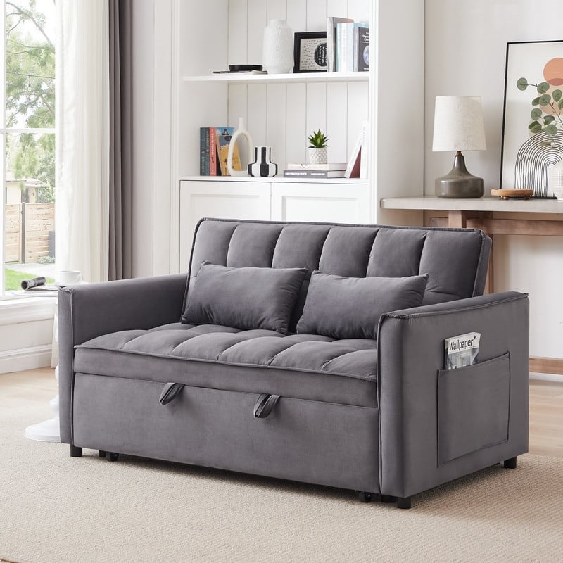 55-inch Multifunctional Velvet Sofa Bed for Living Room - Grey