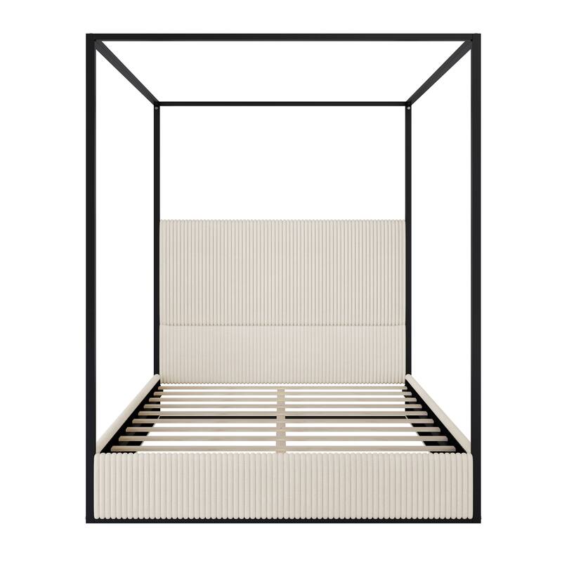 Queen/King Modern Luxury Metal Canopy Bed with Tall Corduroy Upholstered Headboard and Gold Four Poster, No Box Spring Needed