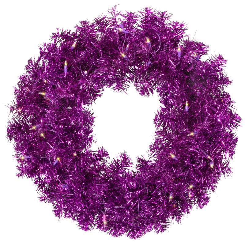 Pre-Lit Tinsel Artificial Christmas Wreath - 24" - Purple - Clear Lights