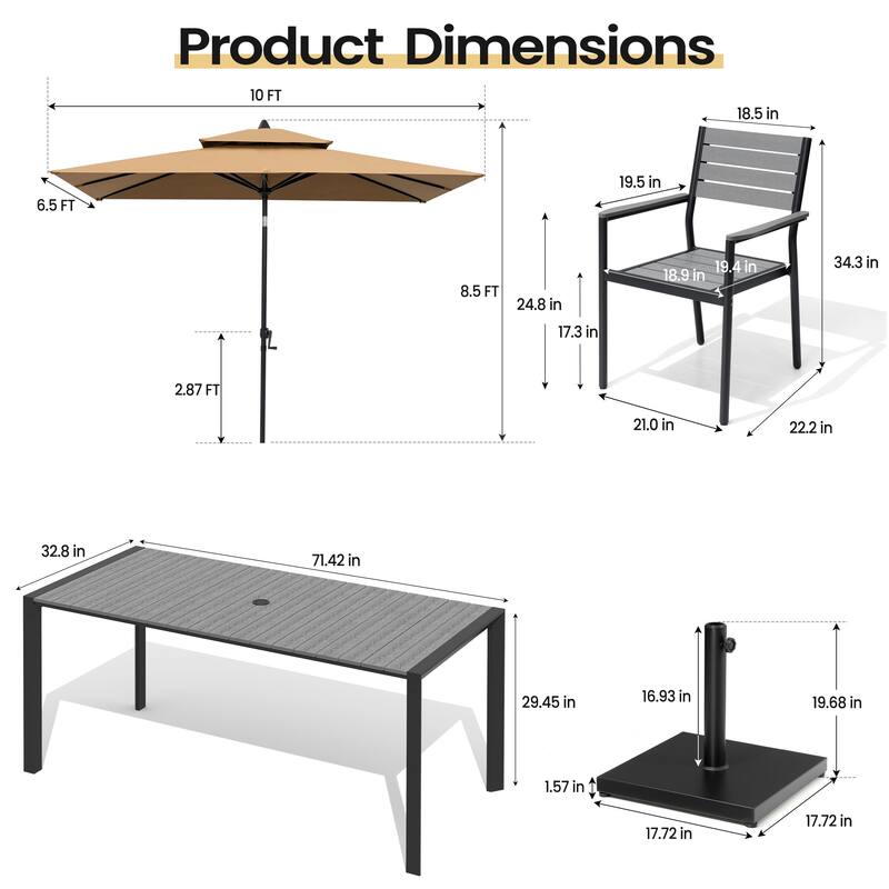 Set of 9 Outdoor Patio Dining Set WoodLike Aluminum Umbrella Hole Table with Stackable Armchairs, Market Umbrella Set
