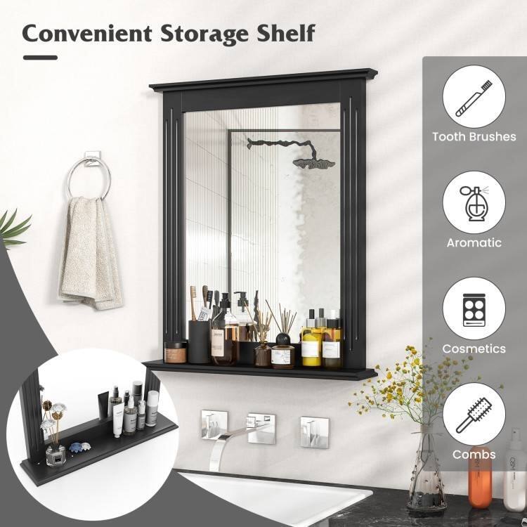 Black MDF Wall Mounted Bathroom Mirror with Storage Shelf - 23 Inch