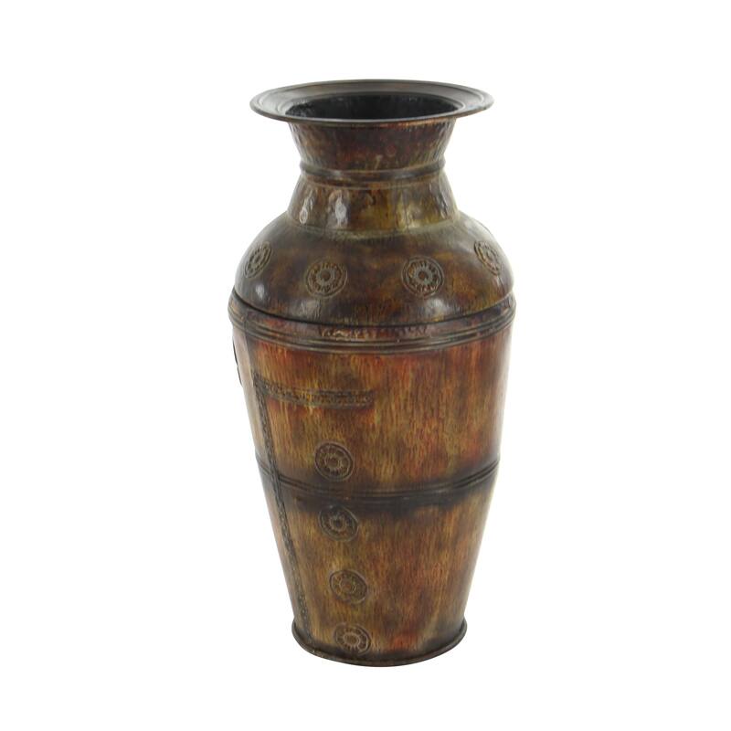 Brown Metal Indoor Outdoor Large Decorative Vase with Floral Relief (Set of 2)