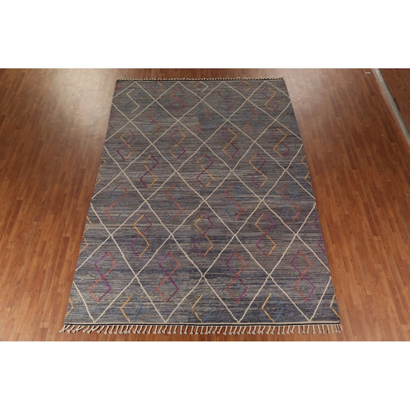 Gray & Blue Trellis Moroccan Area Rug Hand-Knotted Wool Carpet - 8'10"x 12'7"