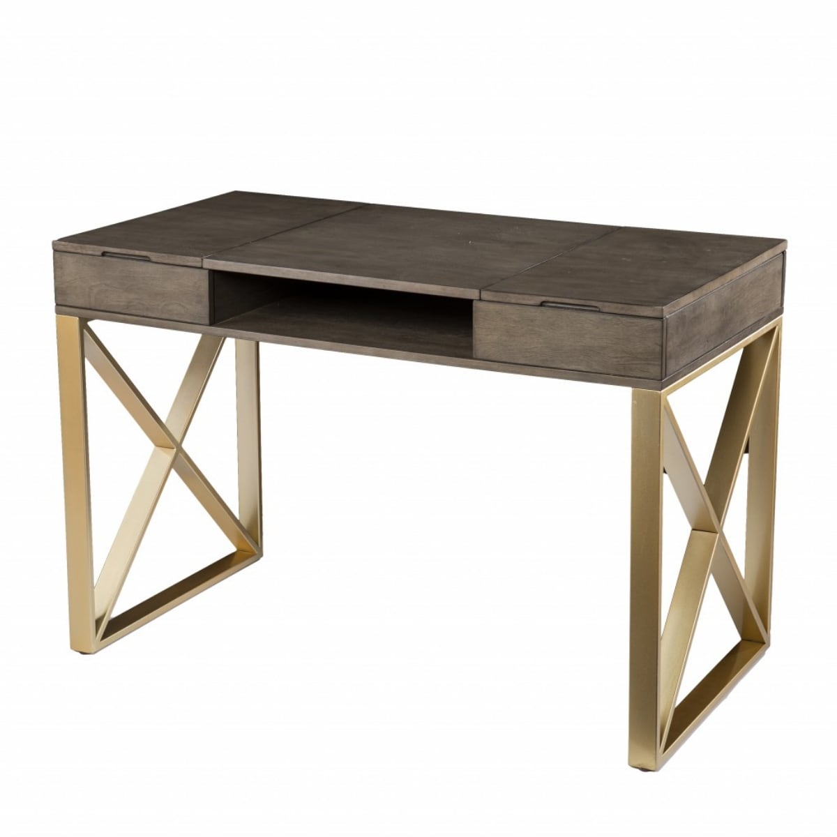 Grey Wood Gold Sled Base Writing Desk with Drawers and Shelves and Rectangular