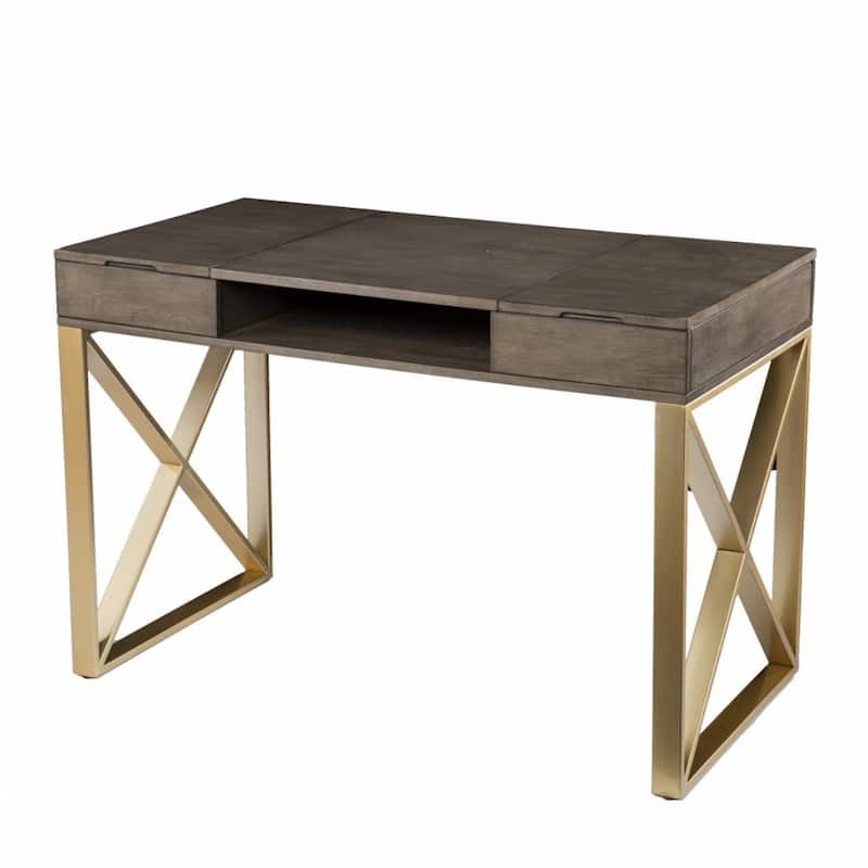 Grey Wood Gold Sled Base Writing Desk with Drawers and Shelves and Rectangular - Grey and Gold