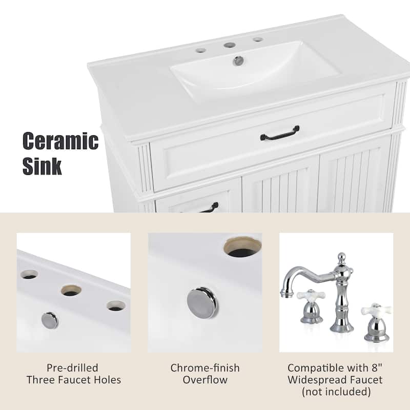 36" Bathroom Vanity with Sink, Freestanding Cabinet with 2 Drawers & Double Doors, Solid Wood Frame, Soft-Close Design