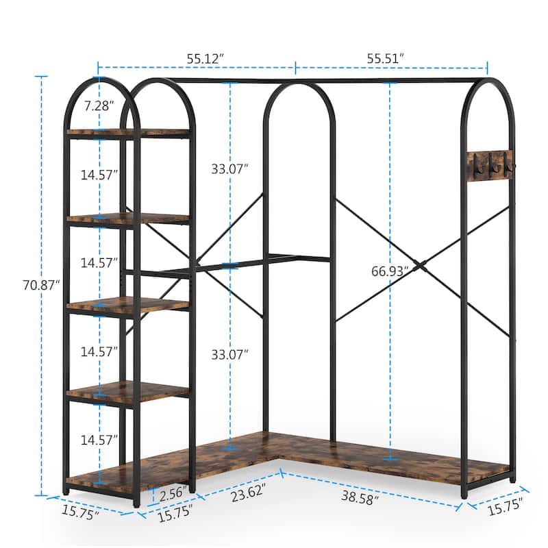 Heavy Duty L Shape Clothes Rack,Freestanding Corner Closet Organizer,Large Garment Rack with Storage Shelves and Hanging Rods