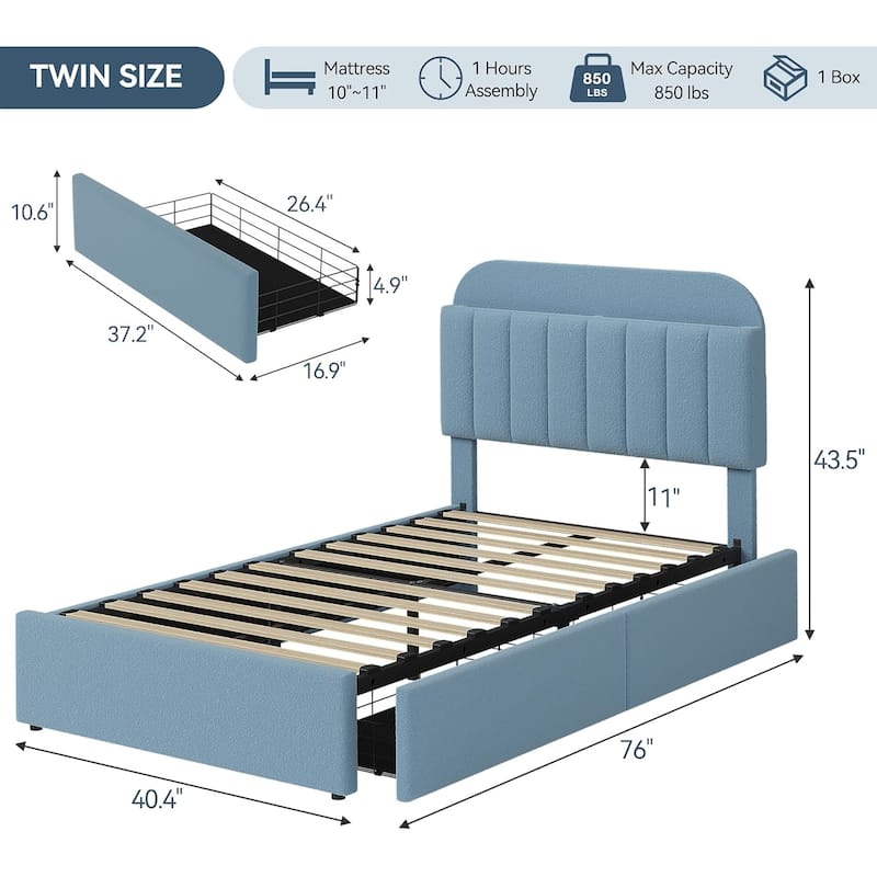 Bed Frame with 2 Drawers, Boucle Upholstered