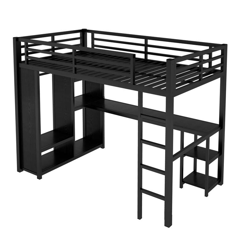 Roomfitters Twin/Full Metal Loft Bed Frame with Built-in Wardrobe, Desk & Storage Shelves, Space-Saving Design, Black