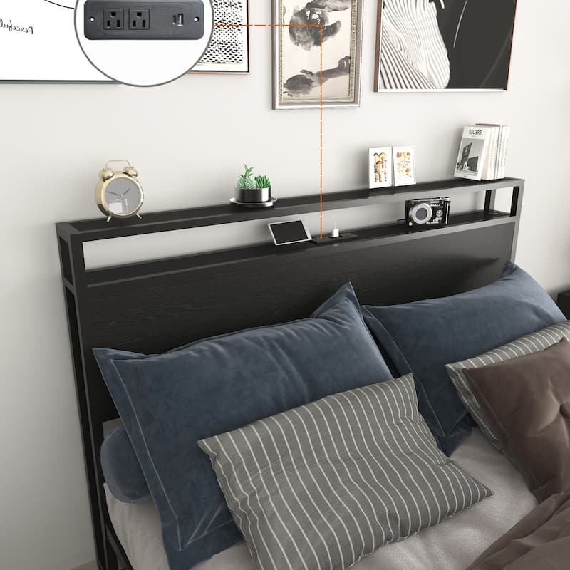 Queen Bed Frame with Storage Headboard, Charging Station, LED Lights, and Easy Assembly
