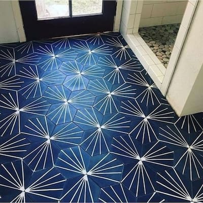 Moroccan Handmade Cement Tile Mansour Navy Blue/ White 8 Inches x 9 Inches, Floor/ Wall (Set Of 12)