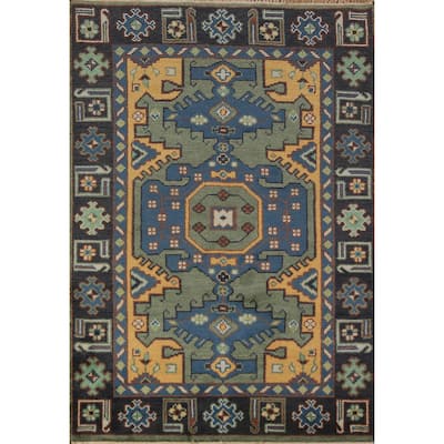 Blue Geometric Kazak Oriental Accent Rug Handmade Wool Carpet - 4'0"x 5'11"