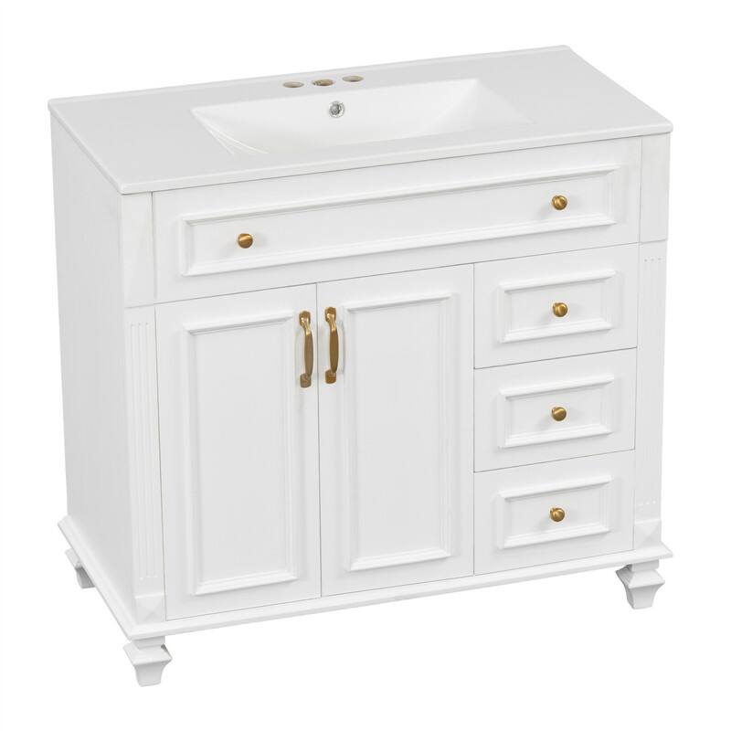 36" Bathroom Vanity with Ceramic Sink, Freestanding Bathroom Vanity Cabinet with Flip-Out Drawer, 3 Drawers & 2 Soft-Close Doors