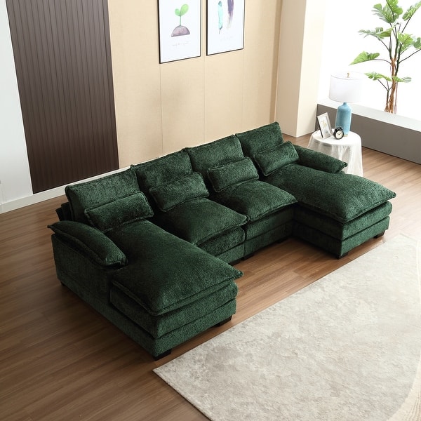 Chenille Upholstered U-Shaped Living Room Sectional Sofa With Wooden Legs