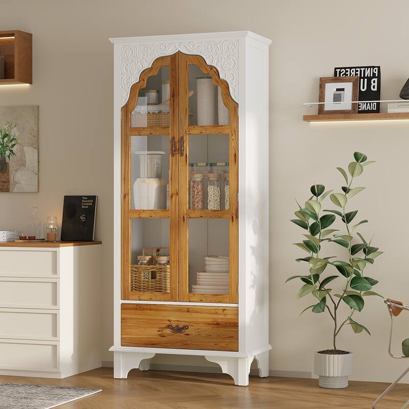 Oak Finish Fir Wood Wooden Curio Cabinet Display Storage Case Bathroom Cabinet Bookcase - 70.9"Hx31.5"W