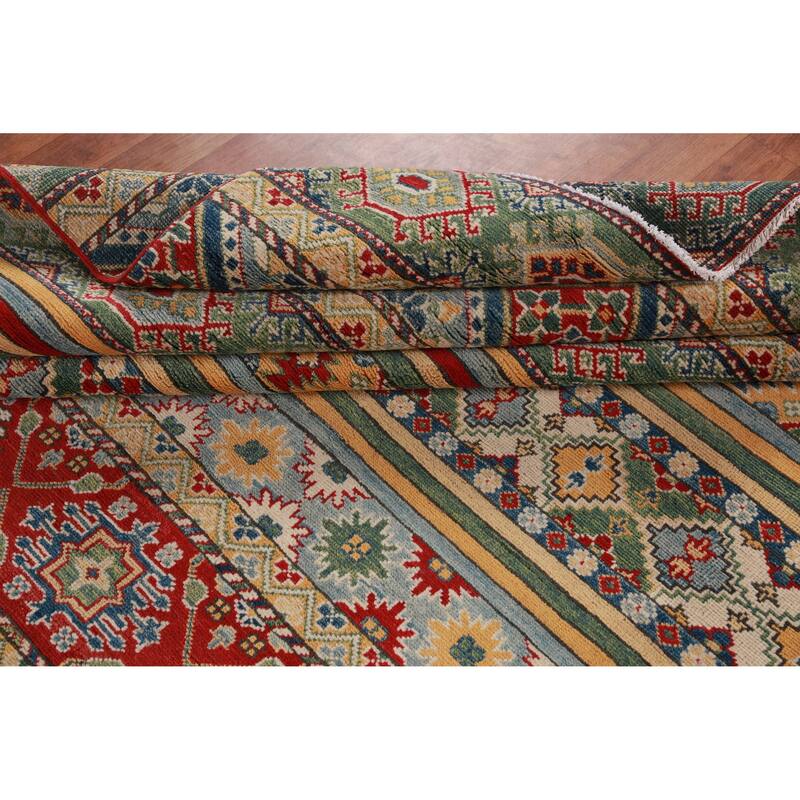 Hand Knotted Oriental 100% Wool Carpet Traditional Geometric Multi-Colored Kazak Area Rug - 11' 3'' X 9' 1''