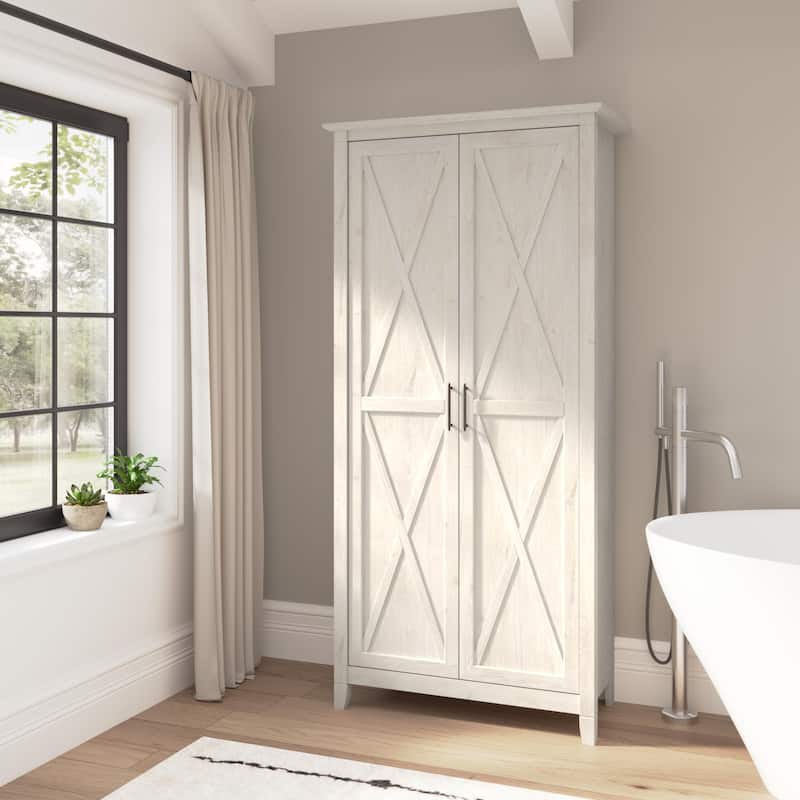 Key West Tall Bathroom Cabinet with Doors & Shelves by Bush Furniture - Linen White Oak/Pure White