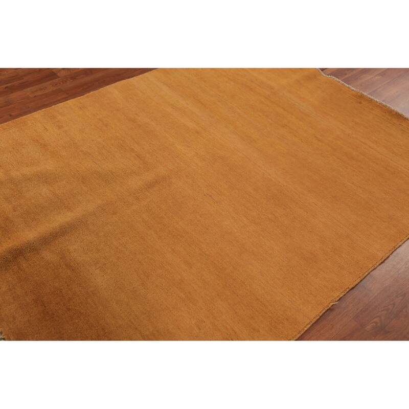 Modern Gabbeh Oriental Rug Handmade Solid Yellow Wool Carpet - 5'0" x 6'6"