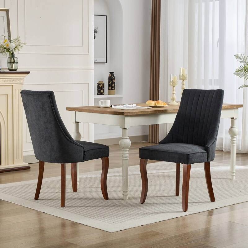 Set of 2 Modern Fabric Dining Chairs with High Backrest & Plush Cushioning - Curved Solid Wood Legs, Adjustable Balance - Black