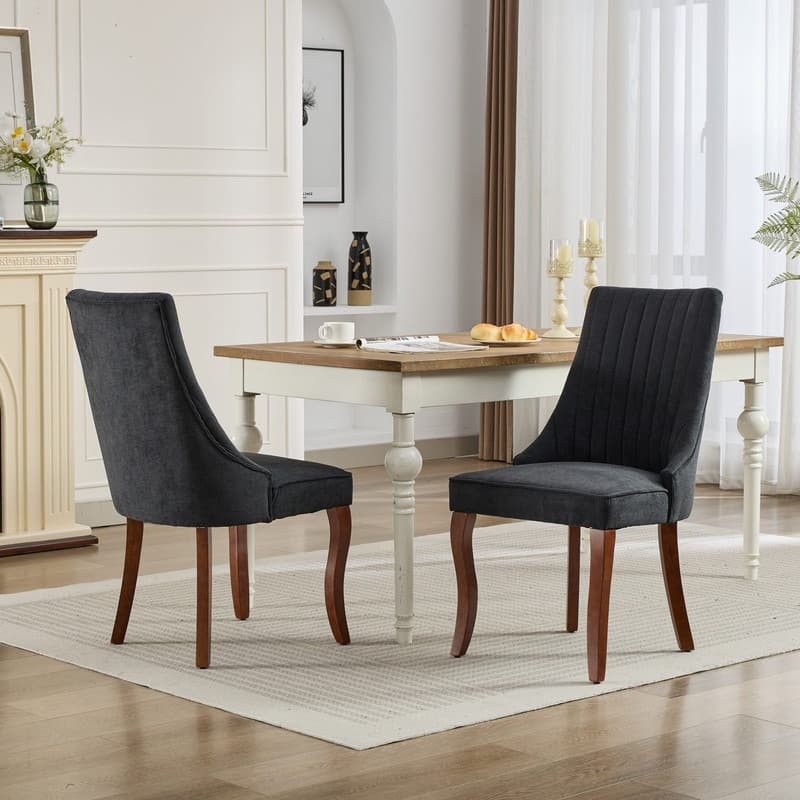 Set of 2 Modern Fabric Dining Chairs with High Backrest & Plush Cushioning - Curved Solid Wood Legs, Adjustable Balance