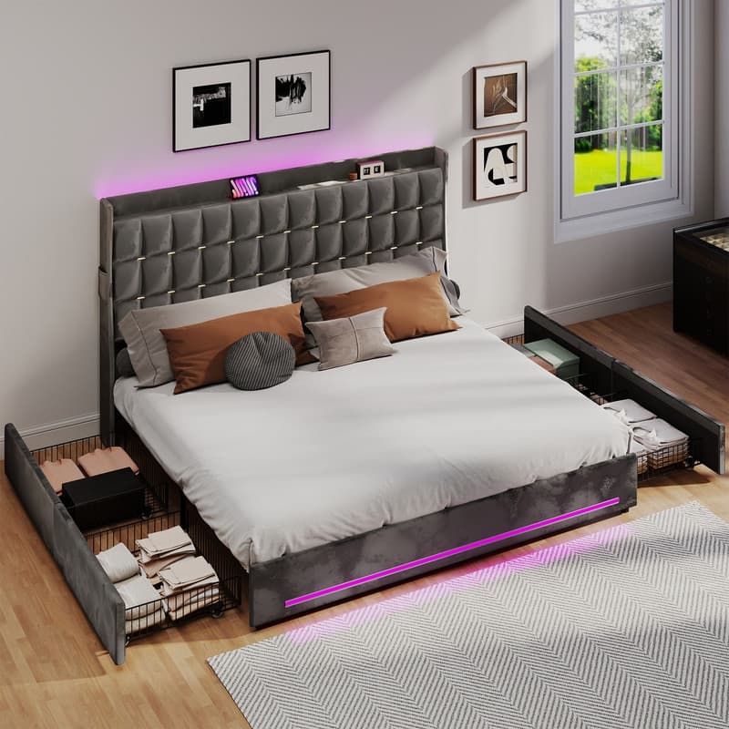 Moasis King Size Velvet Platform Bed with 4 Drawers,Bed Frames with RGB Light & Built-in Charging Station