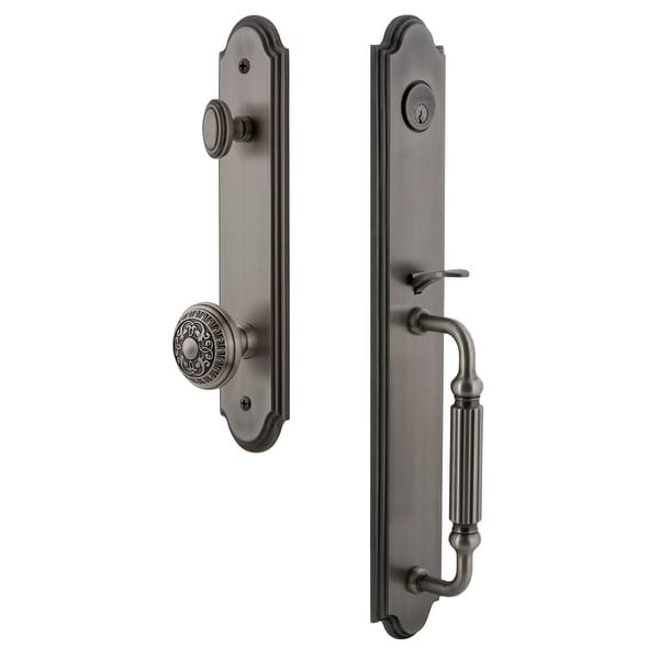 Grandeur ARCFGRWIN_ESET_234 Arc Solid Brass Rose Keyed Entry Single Cylinder Full Plate "F" Grip Handleset with Windsor Knob