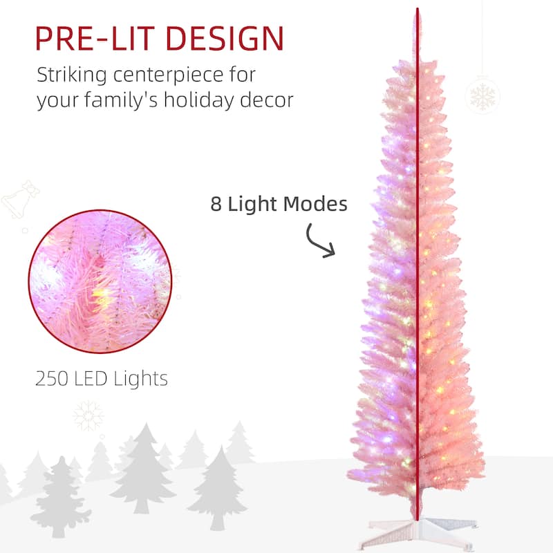 7 ft Pink Pencil LED Christmas Tree with 250 Multicolor Lights, 8 Lighting Modes, Flame-Retardant Branches & Sturdy Base