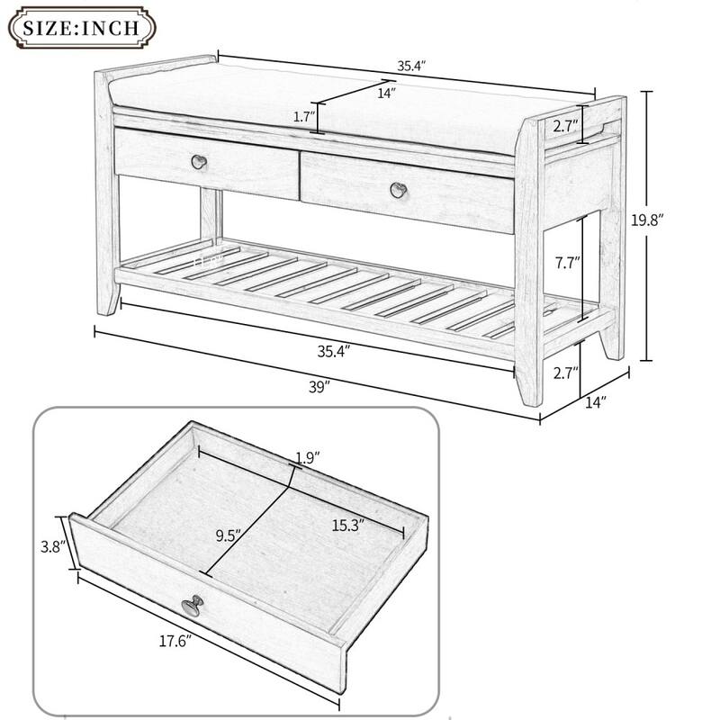 Multipurpose Entryway Storage Bench, Shoe Rack with Cushioned Seat, Drawer