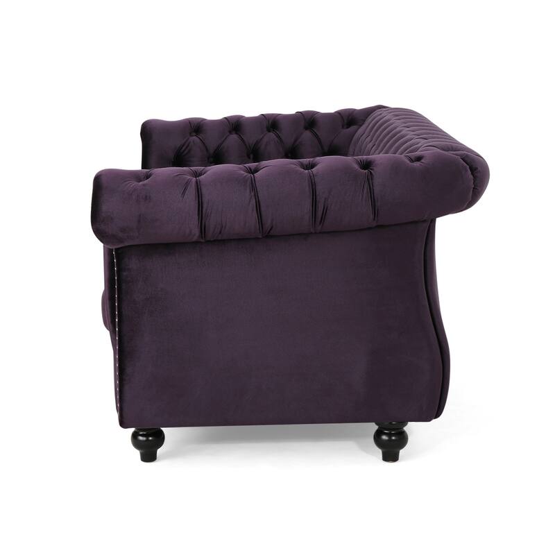 Elegant Chesterfield Loveseat Sofa with Velvet Upholstery, Nailhead Accents, and Rolled Armrests, for Living Room Bedroom