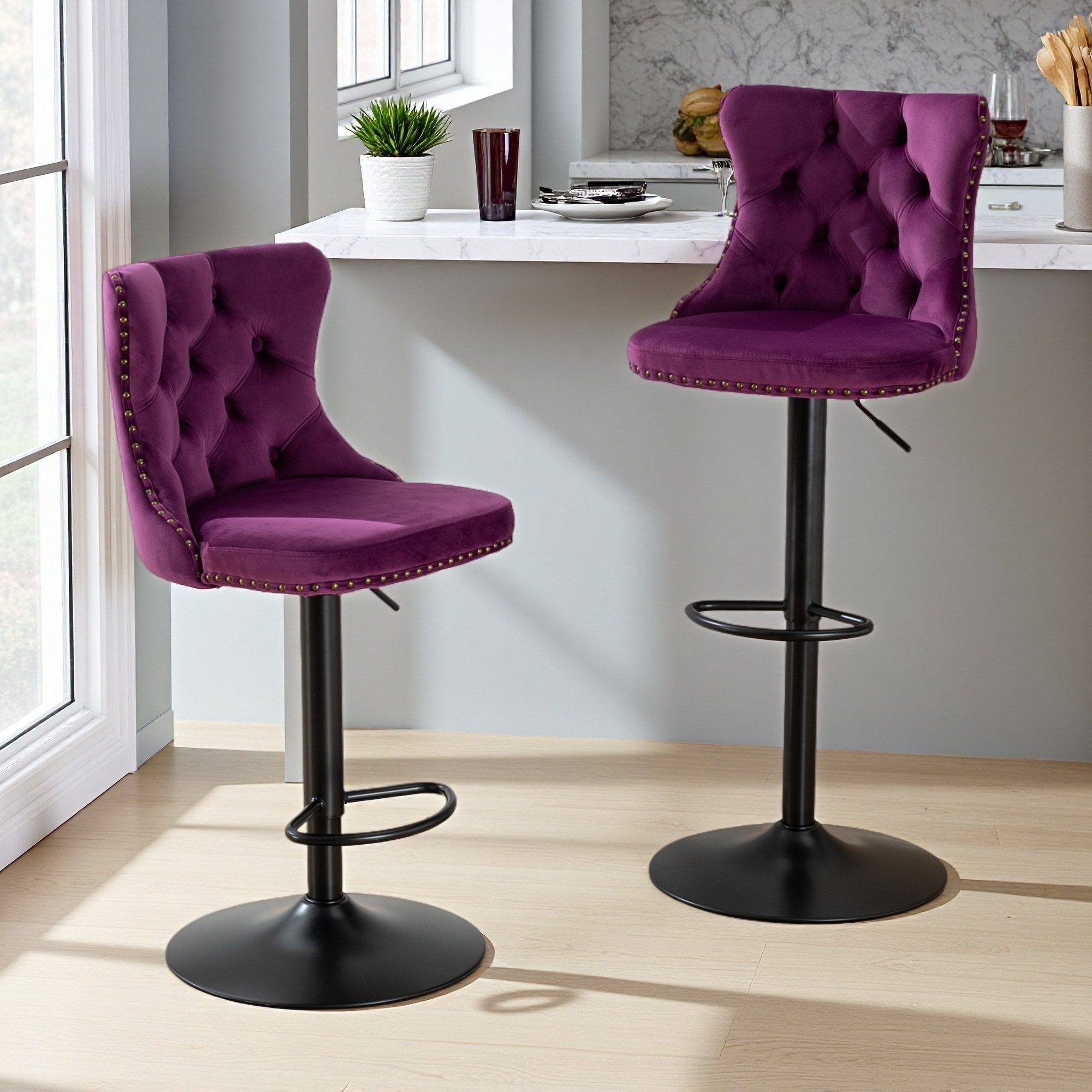 45.6"H Set of 2 Velvet Swivel Bar Stools with Chrome Base & Tufted Upholstery