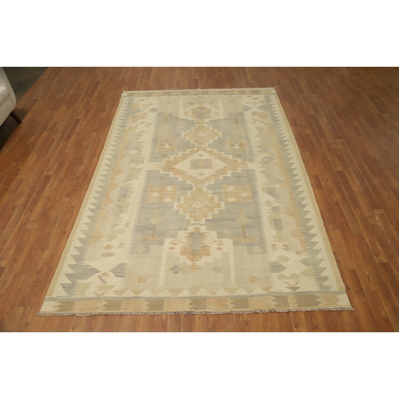 Hand Woven Oriental 100% Wool Carpet Southwestern Tribal Beige & Ivories Kilim Area Rug - 9' 10'' X 6' 4''