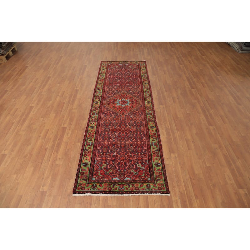 Hand Knotted Oriental 100% Wool Carpet Traditional Geometric Oranges & Rust Hamedan Runner Rug - 9' 7'' X 3' 1''