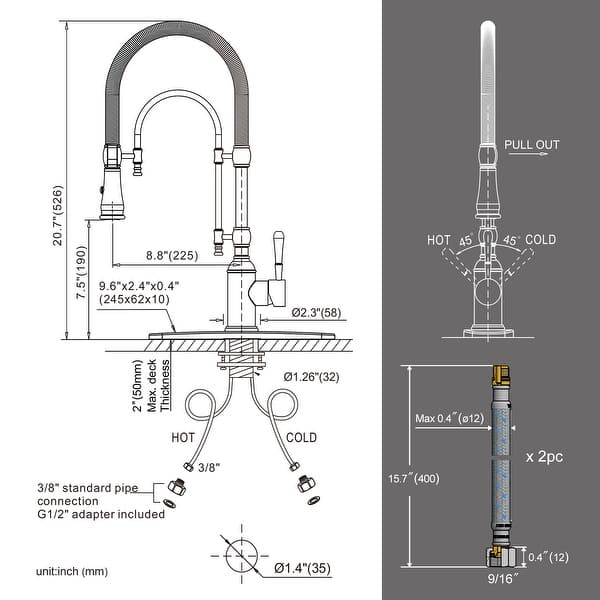 dimension image slide 4 of 12, WOWOW Single Handle Gooseneck Pull Down Sprayer Kitchen Faucet