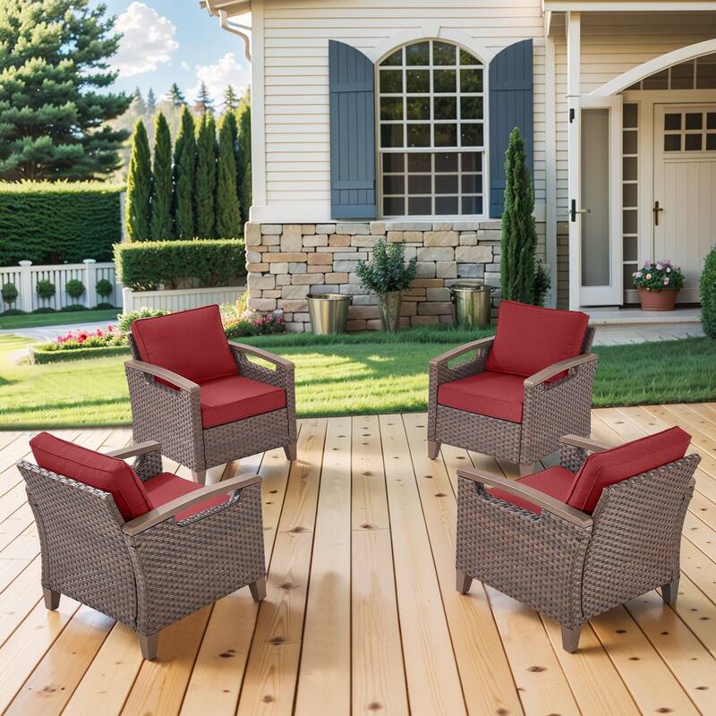 Pocassy Outdoor Brown Wicker Funitre with Cushion Set - Red Cushion - 2PCS Patio Chairs