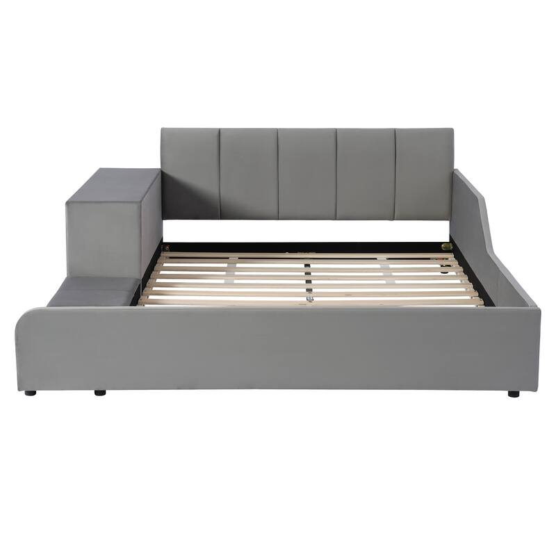 Full Size Upholstered Grounded Bed, Mother & Child Bed with Bedside Desk and Little Round Stool, Velvet