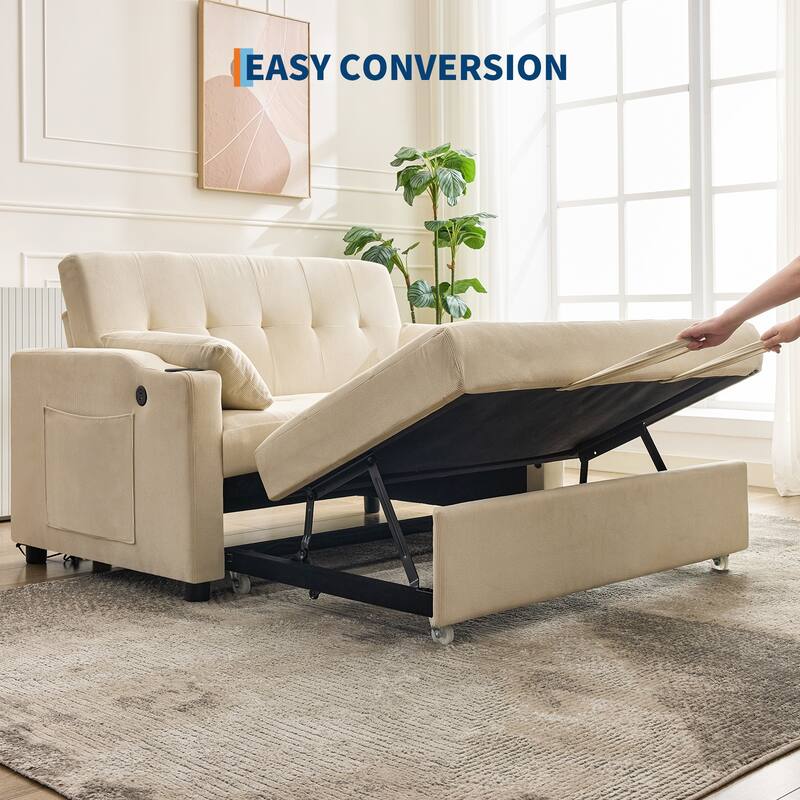 3-in-1 Convertible Sleeper Sofa Bed with Pull-Out Bed, Corduroy Futon, Charging Port & Side Pocket
