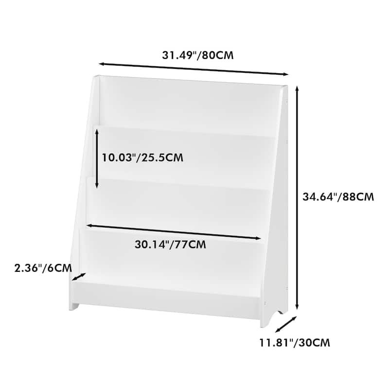 Anmytek 4-Tier Freestanding Kids Bookshelf with Slanted Front, White MDF Display Shelf for Bedroom Playroom Nursery Organization