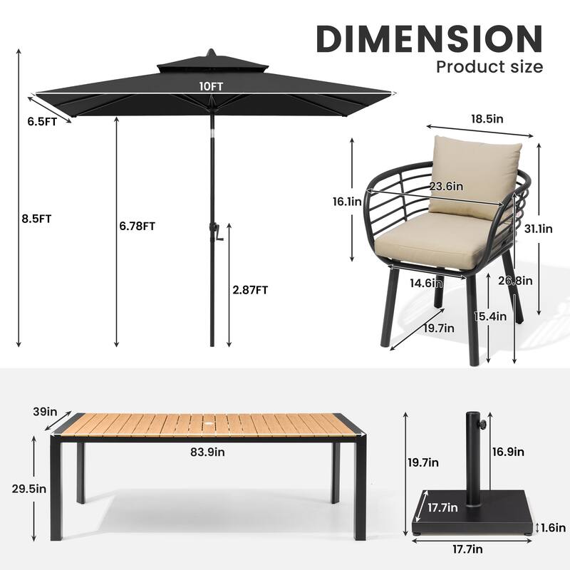9/11-Piece Outdoor Patio Dining Set w/10 ft Umbrella and Base Aluminum Dining Table and Dining Chairs with Sunbrella Cushions