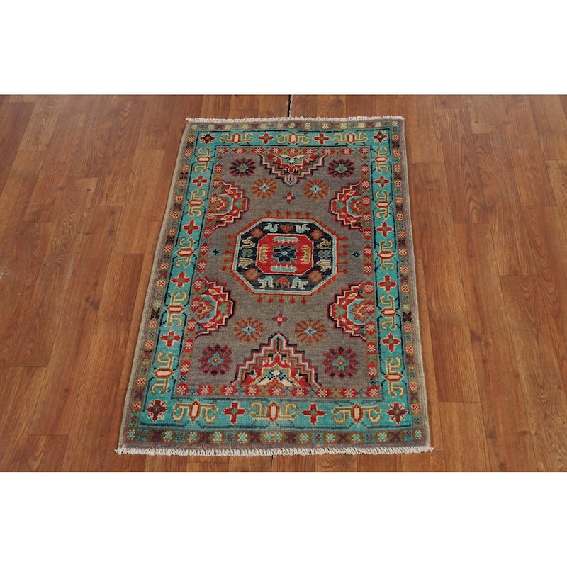 Geometric Kazak Foyer Rug Handmade Traditional Grey Wool Carpet - 2'0" x 3'0"