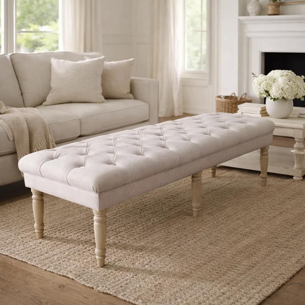 Wooden Bench with Button Tufted Fabric Upholstered Seat and Turned Legs, Cream