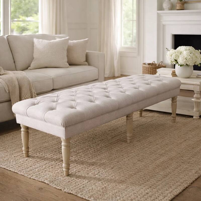 Wooden Bench with Button Tufted Fabric Upholstered Seat and Turned Legs, Cream - Cream