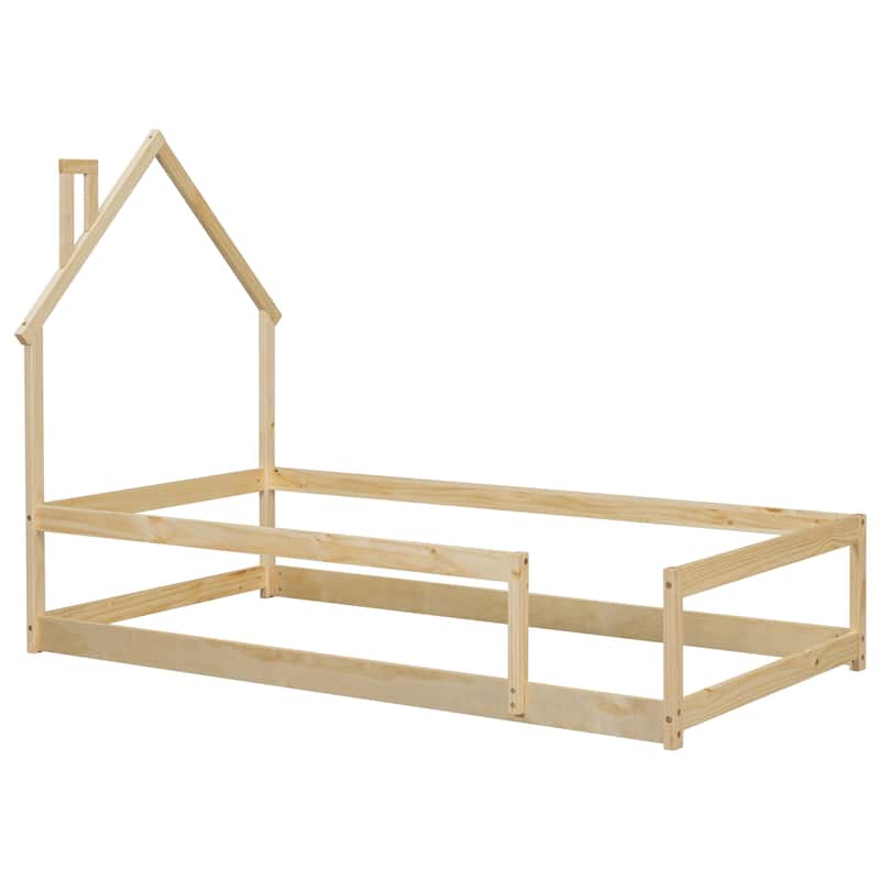 Twin Size Wood bed with House Shaped Headboard Floor Bed with Fences