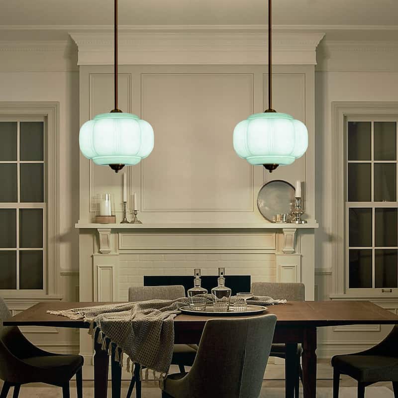 1-Light Retro Antique Brass Pumpkin Shaped Flush Mount Ceiling Light/Pendant Light with Milk/Green Glass for Kitchen,Dining Room