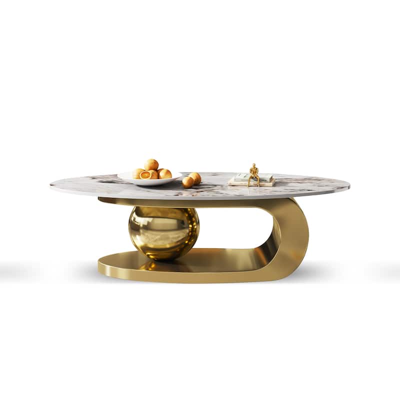 Modern Marble-Effect Coffee Table Stylish Coffee Table Oval Coffee Table with Base Perfect,for Living Room