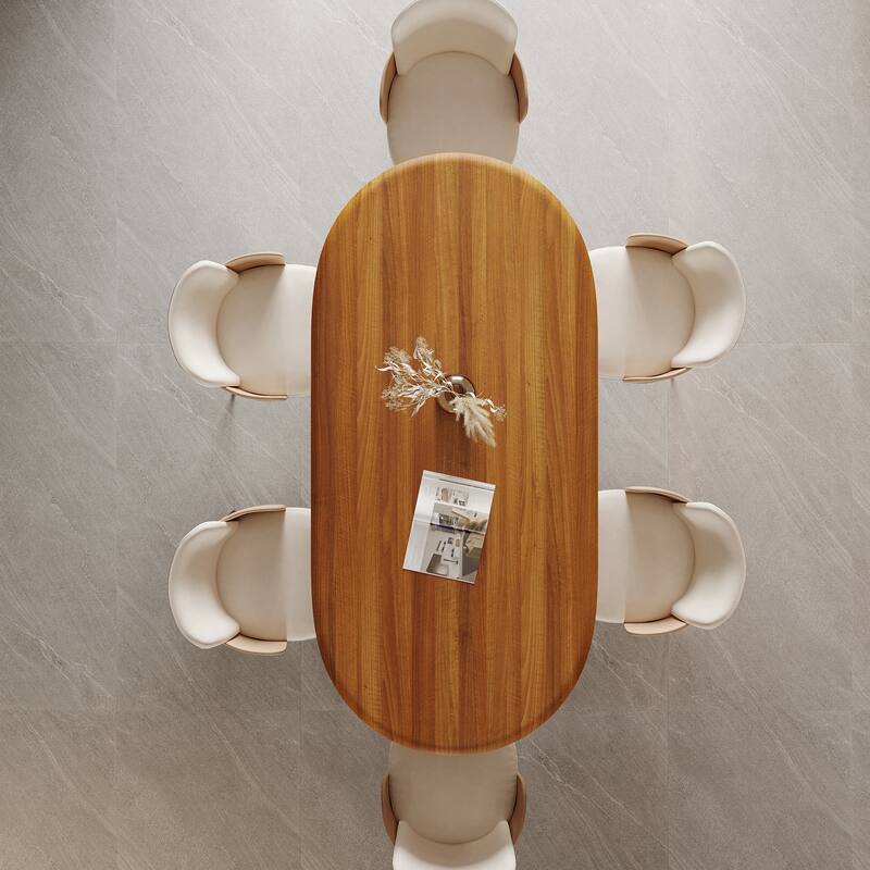 71" Mid Century Wood Rectangular Dining Table for 6, Oval Kitchen Table with double legs, Brown