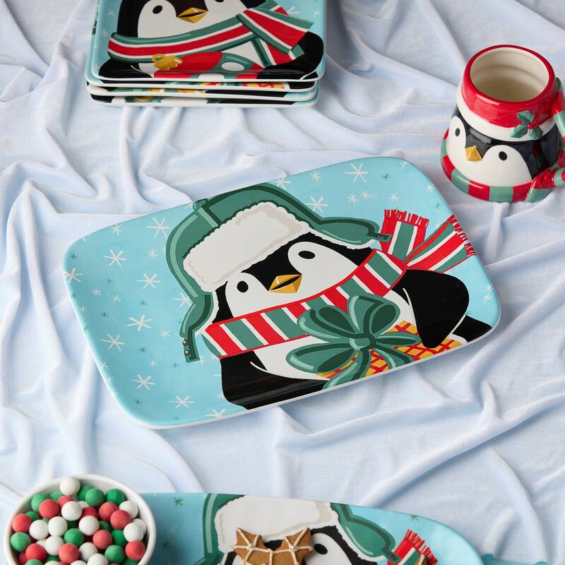 Certifed International Christmas Whimsy Penguin Rectangular Platter 14" x 10" - 14 L x 10 W x 1.125 H
