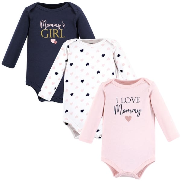slide 1 of 1, Hudson Baby Infant Girl Cotton Long-Sleeve Bodysuits, Girl Mommy Pink Navy 3-Pack 12-18 Months - Girl Mommy Pink Navy 3-Pack