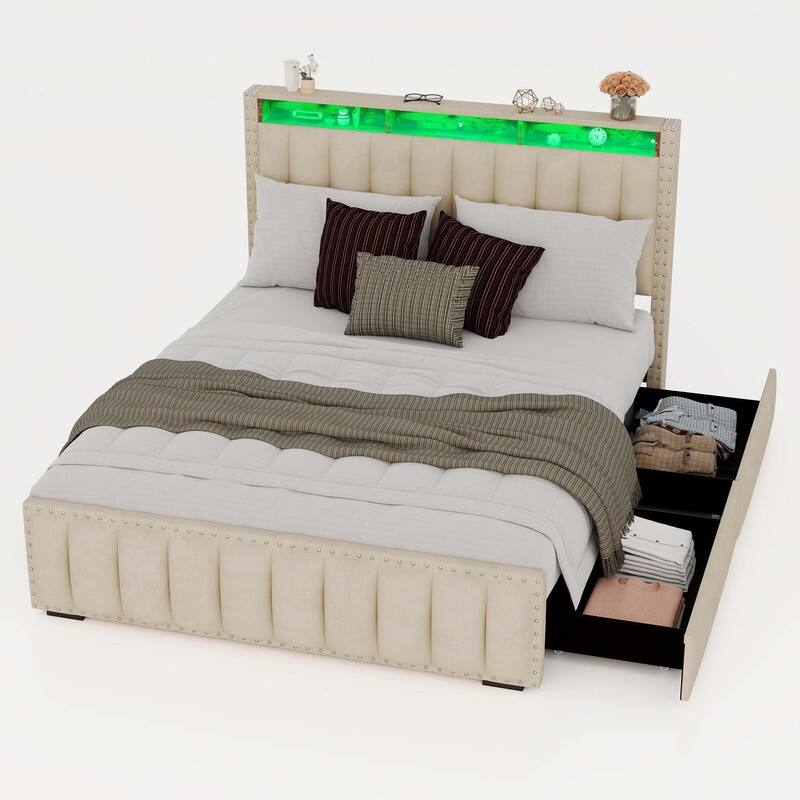 Moasis Full/Queen/King Velvet Upholstered Platform Bed Bedframe with Charging Station and 4 Storage Drawers