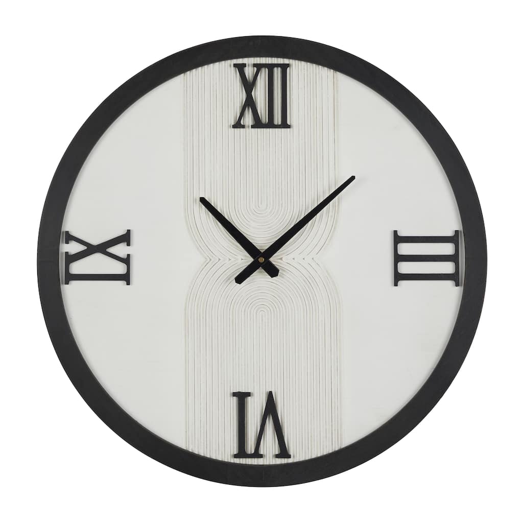 Wood Geometric Art Deco Inspired Line Art Decorative Wall Clock with Black Accents - White - Roche River Decor