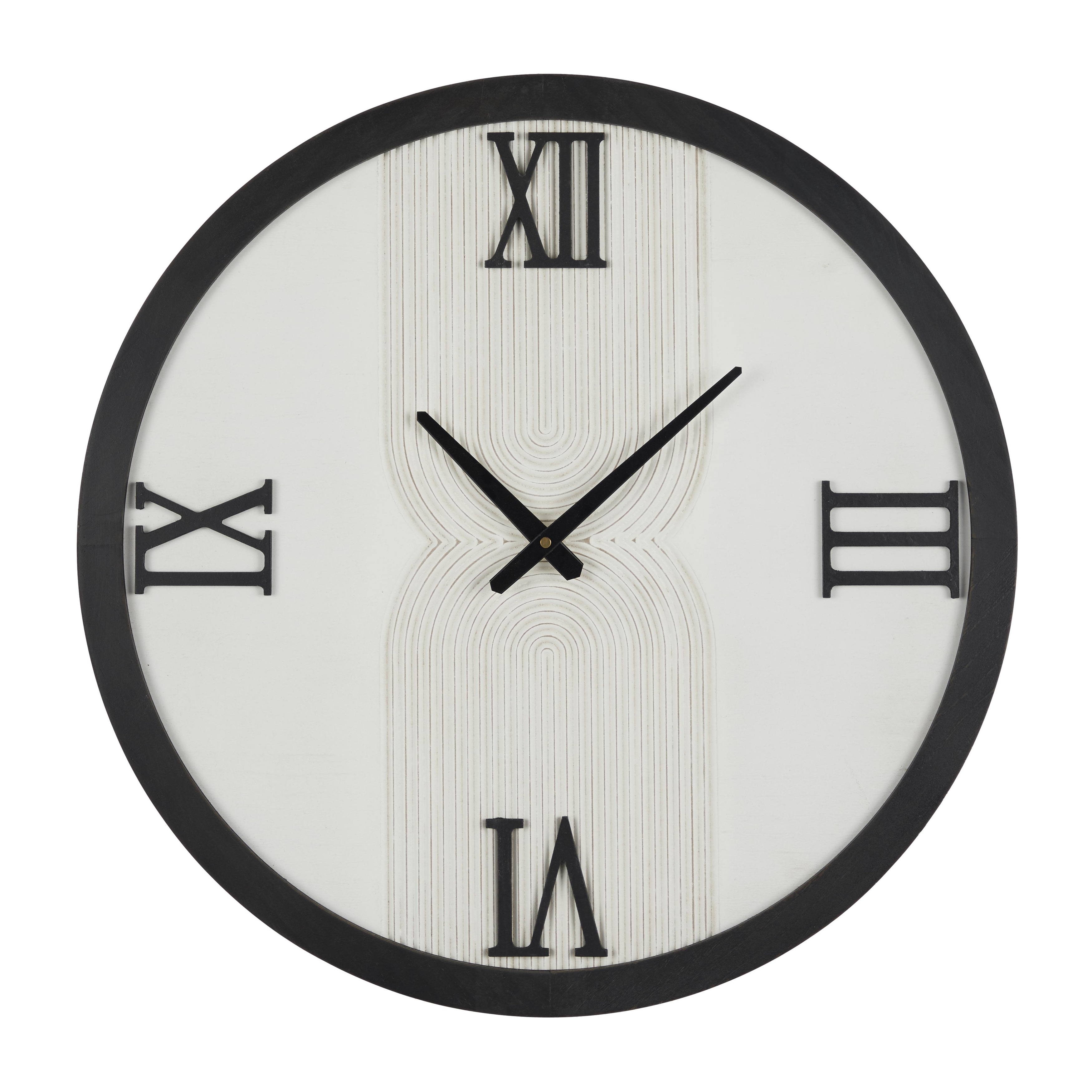 Wood Geometric Art Deco Inspired Line Art Decorative Wall Clock with Black Accents - White - Roche River Decor